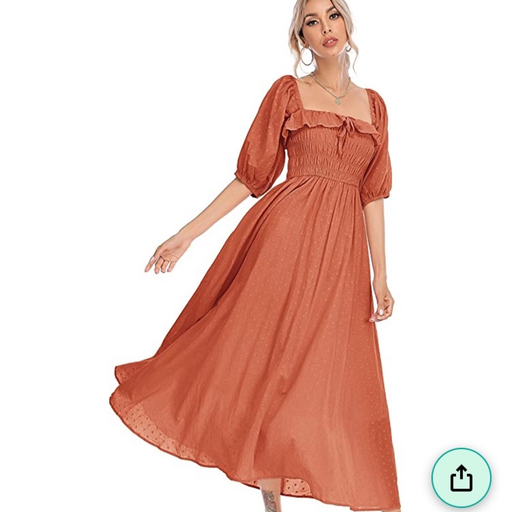 Smocked Square-Neck Maxi Dress in Rust Orange